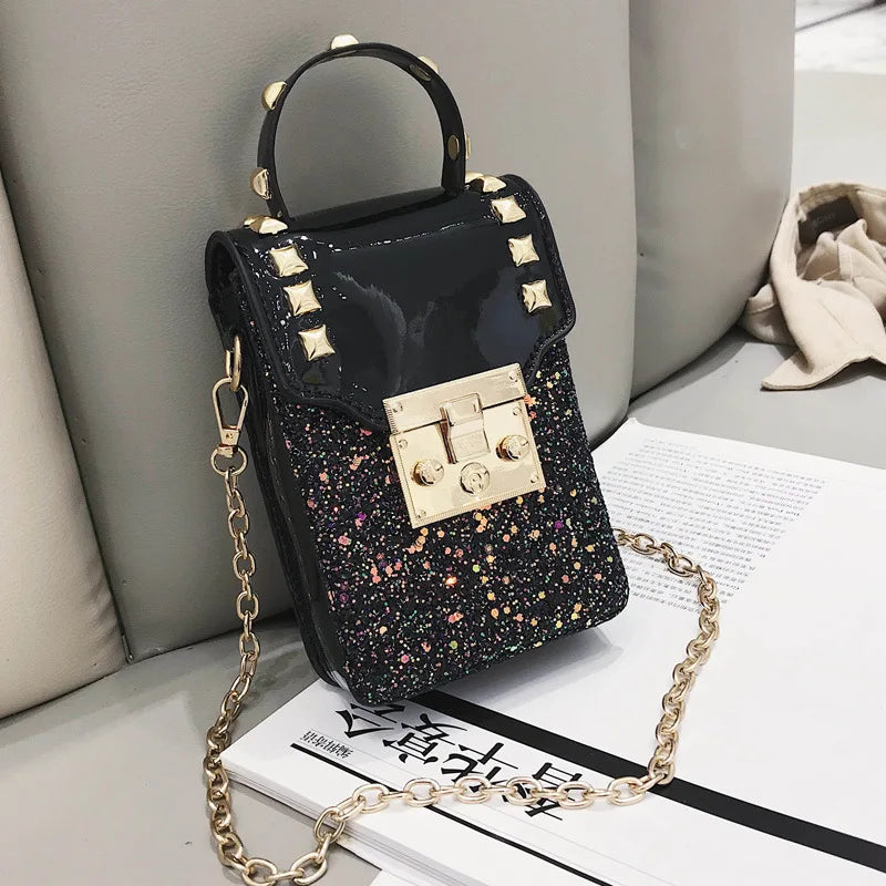 Sequins Leather Shoulder Bag Rivet Handbags Small Crossbody Bag
