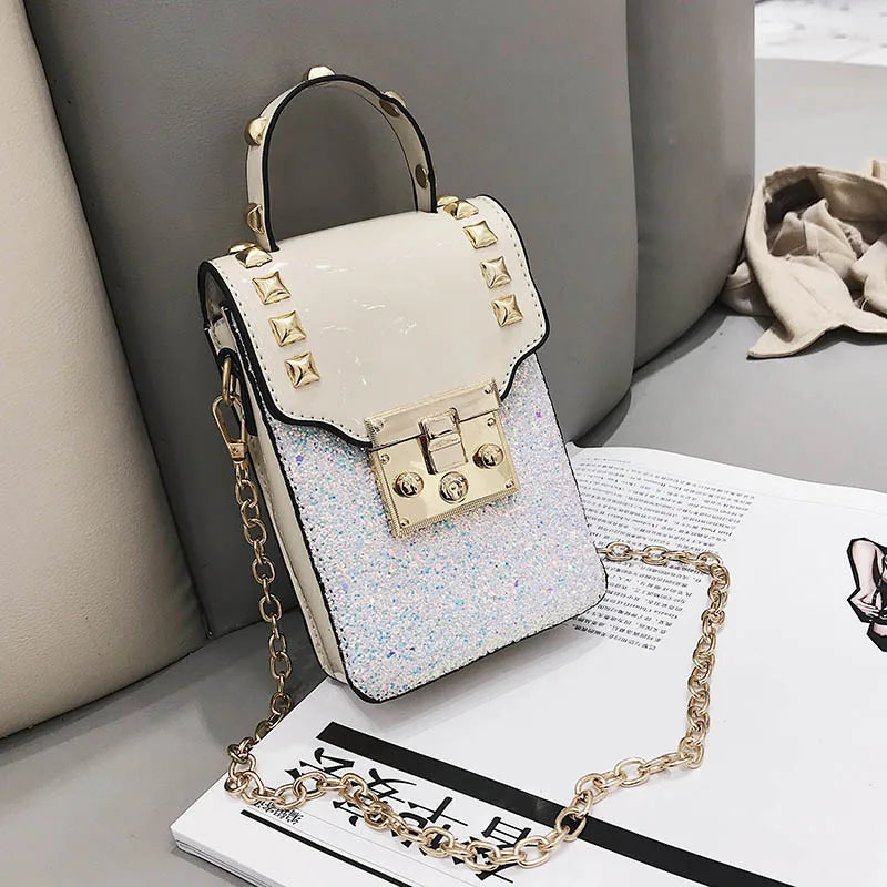 Sequins Leather Shoulder Bag Rivet Handbags Small Crossbody Bag