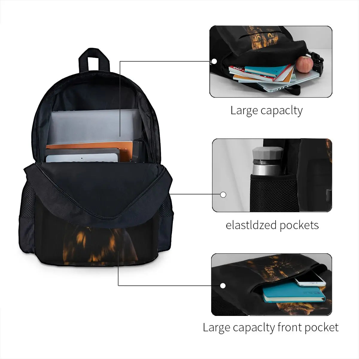 Tortie Cat Backpacks Men's and Women's Zippered Bag with Pockets