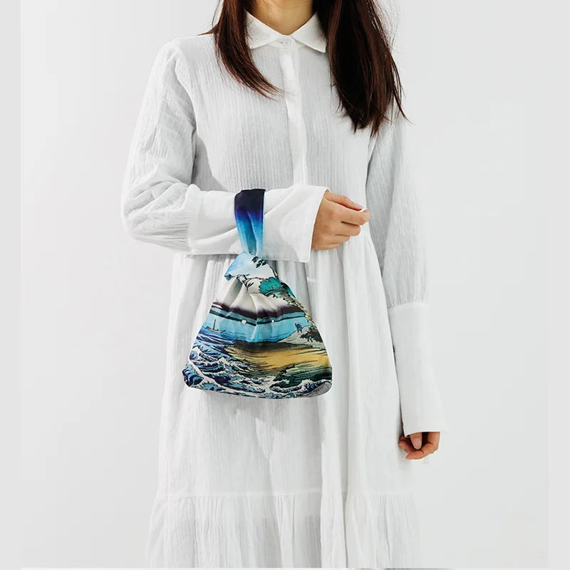 Knot Wrist Bag Japanese Style Hand Bags Lady Purse Oil Painting