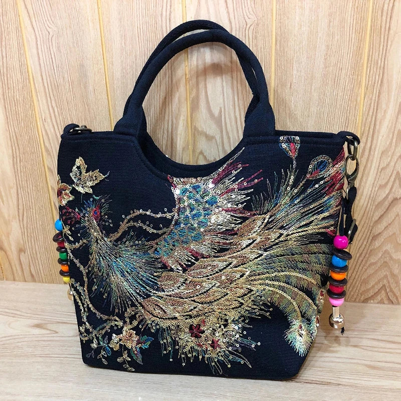 Peacock Embroidered Handbag Canvas Crossbody Bag Women Vintage Shopping Shoulder