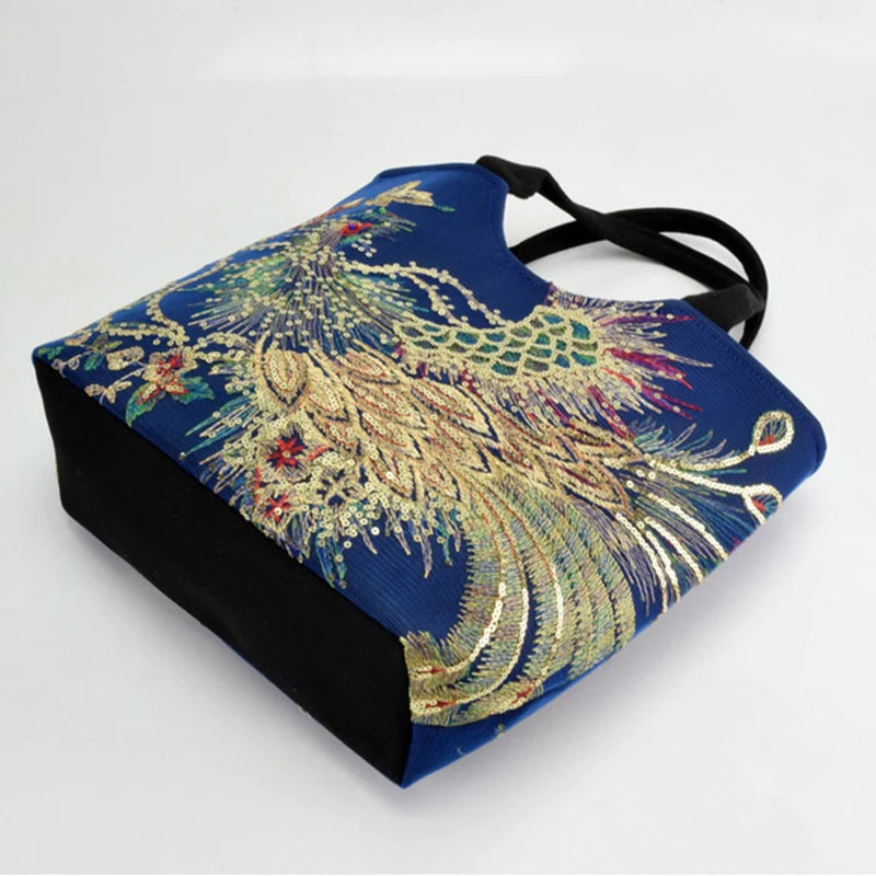 Peacock Embroidered Handbag Canvas Crossbody Bag Women Vintage Shopping Shoulder