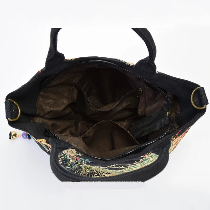 Peacock Embroidered Handbag Canvas Crossbody Bag Women Vintage Shopping Shoulder