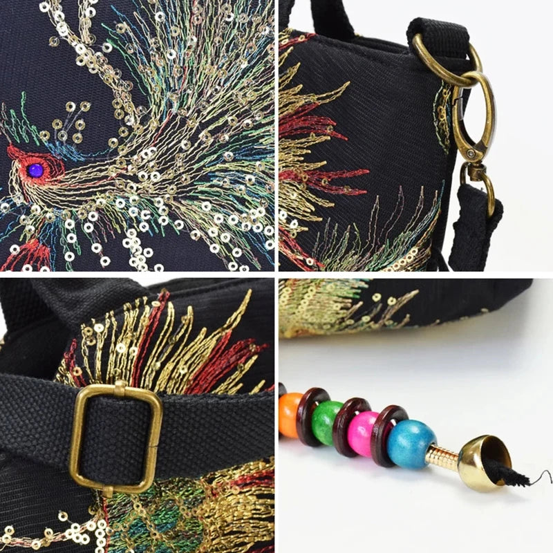 Peacock Embroidered Handbag Canvas Crossbody Bag Women Vintage Shopping Shoulder