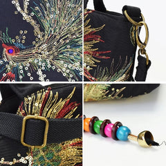 Peacock Embroidered Handbag Canvas Crossbody Bag Women Vintage Shopping Shoulder