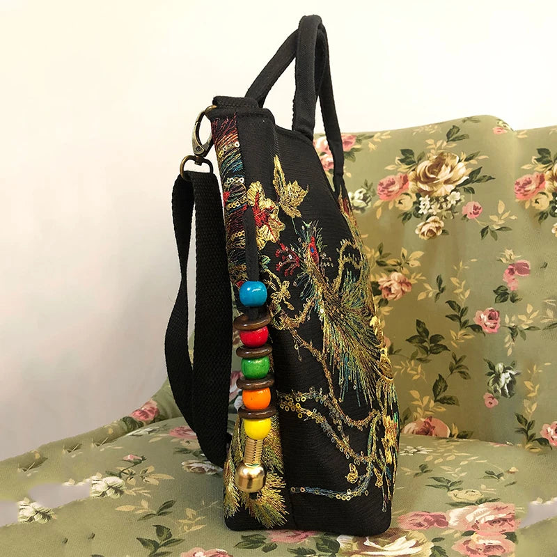 Peacock Embroidered Handbag Canvas Crossbody Bag Women Vintage Shopping Shoulder