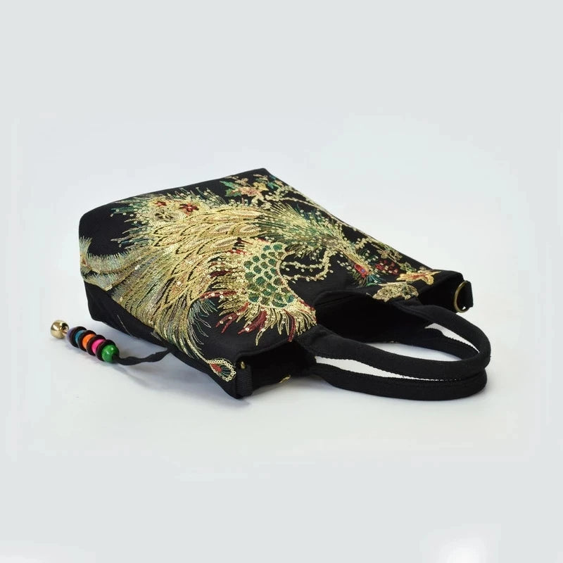 Peacock Embroidered Handbag Canvas Crossbody Bag Women Vintage Shopping Shoulder