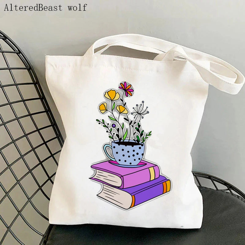 Flowery Books Cartoons Printed Tote Bag Canvas Shopper Handbag