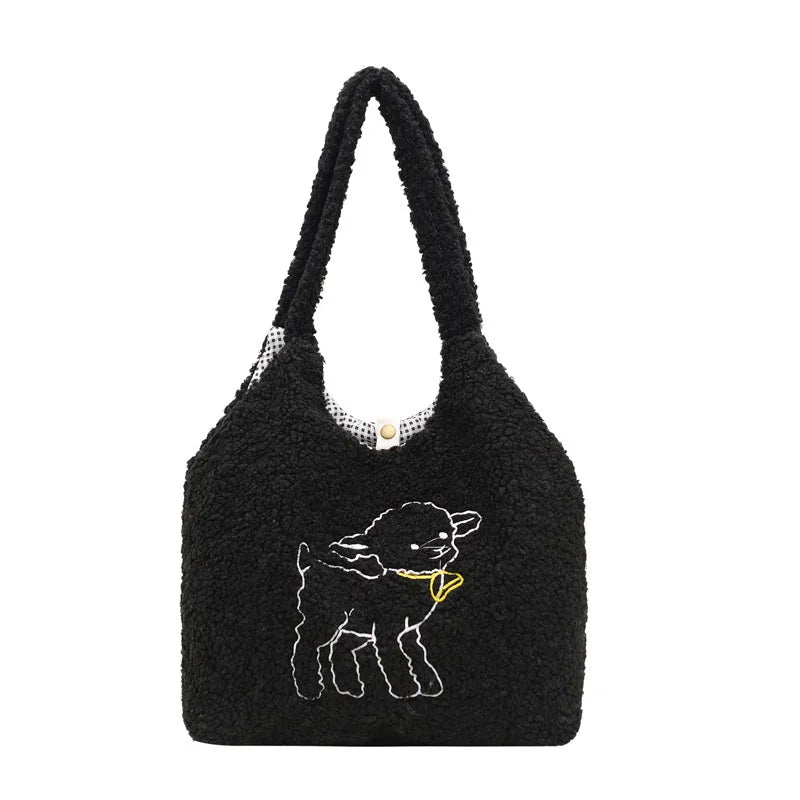 Embroidered Lamb Fabric Shoulder Bag for Women