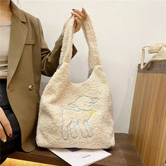Embroidered Lamb Fabric Shoulder Bag for Women