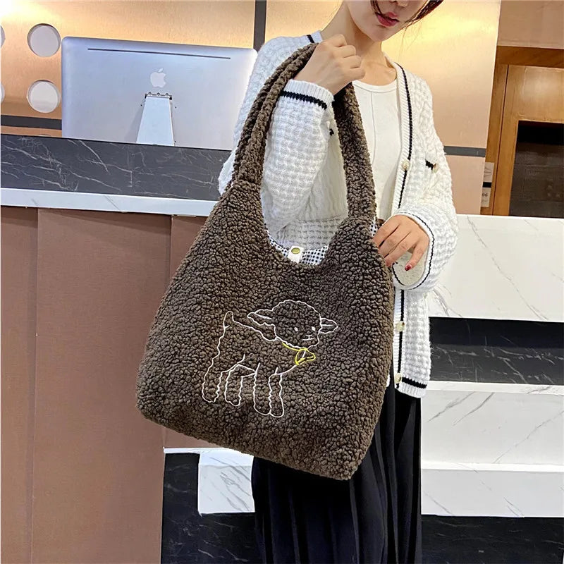 Embroidered Lamb Fabric Shoulder Bag for Women