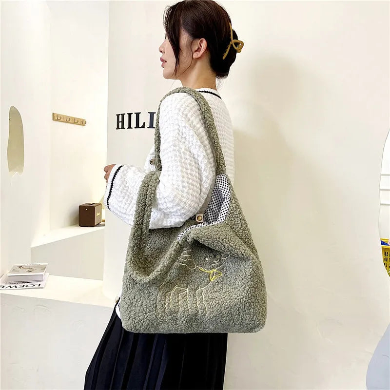 Embroidered Lamb Fabric Shoulder Bag for Women