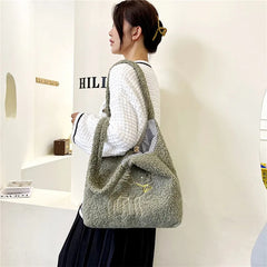 Embroidered Lamb Fabric Shoulder Bag for Women