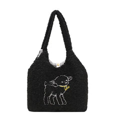 Embroidered Lamb Fabric Shoulder Bag for Women
