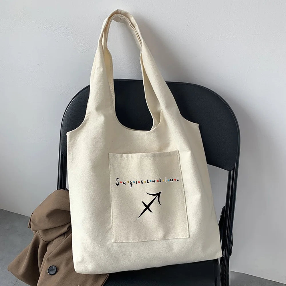Zodiac Pattern Print Commuter Tote Bag Canvas Large Capacity