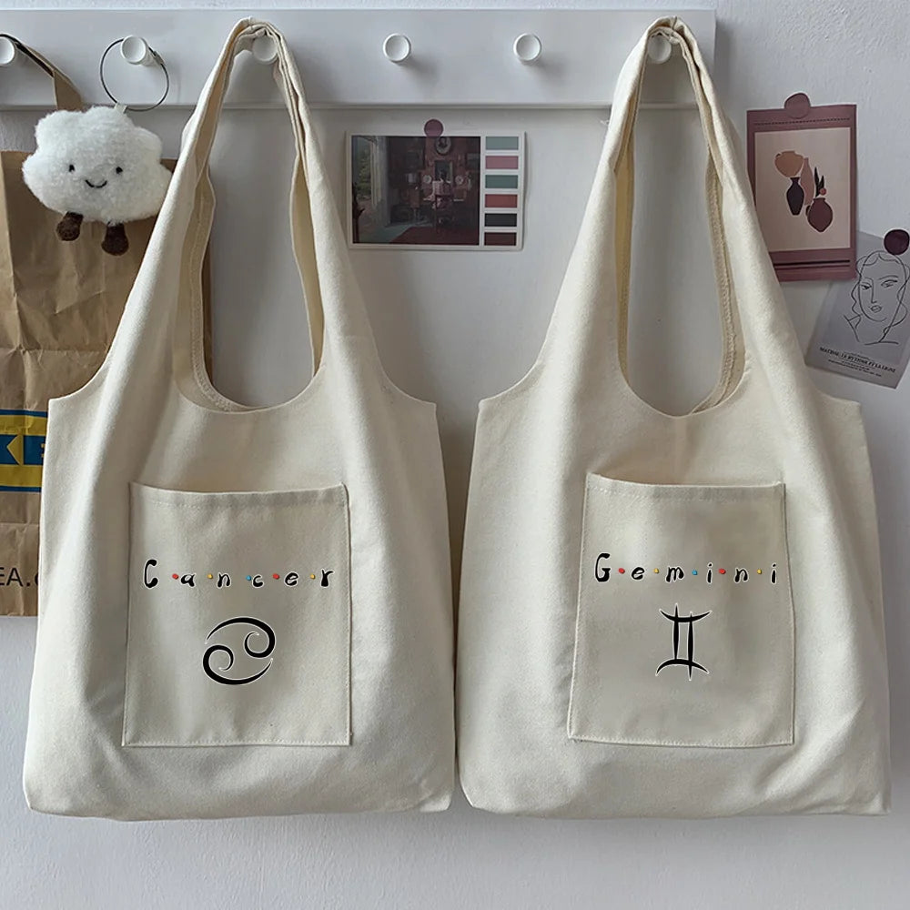 Zodiac Pattern Print Commuter Tote Bag Canvas Large Capacity