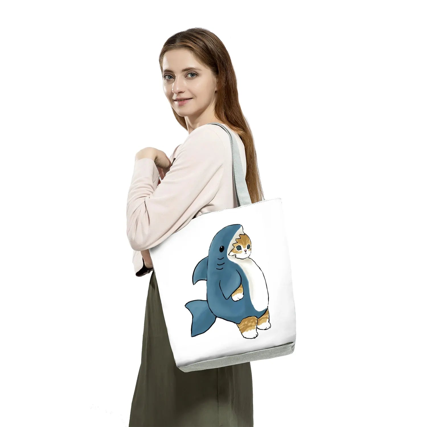 Eco Reusable Shopping Bag Cat Shark Print Shoulder Tote