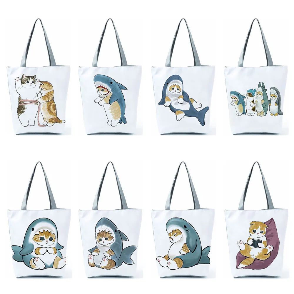 Eco Reusable Shopping Bag Cat Shark Print Shoulder Tote
