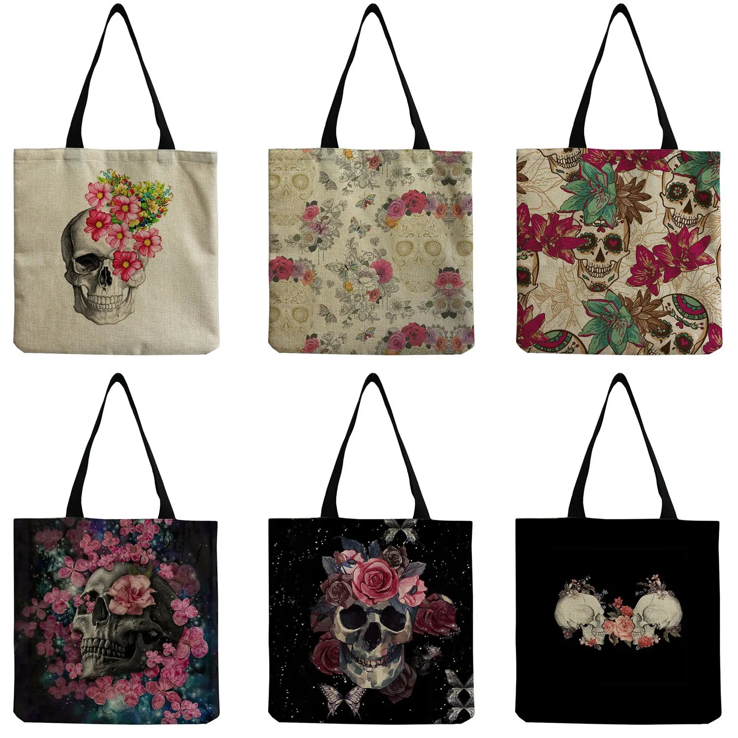 Skull Print Tote Bag Eco Friendly Customizable Shoulder Bag High Capacity