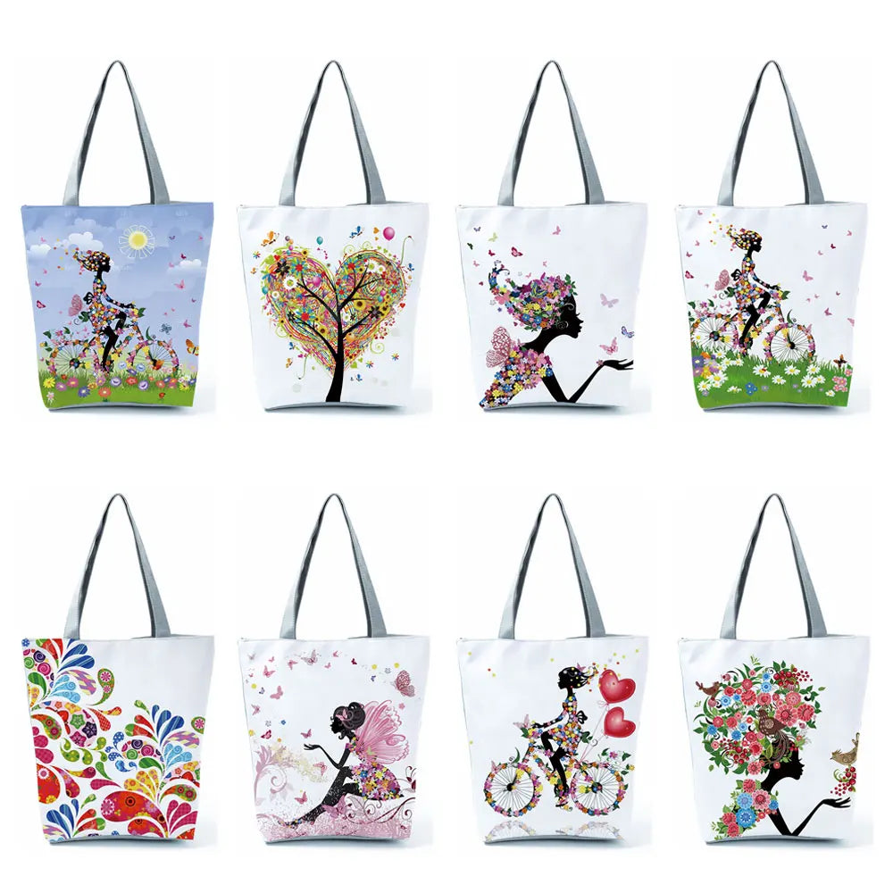 Floral Ladies Tote Bag Reusable Handbag Cartoon Print Large Women Casual