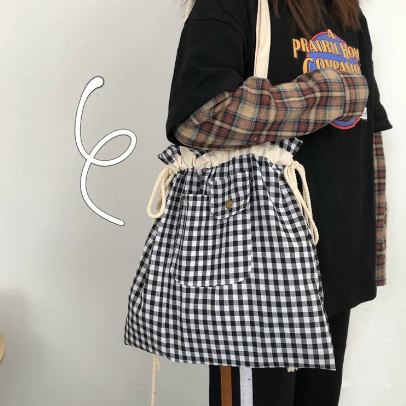 Women Plaid Drawstring Shopper Canvas Bag