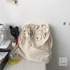 Women Plaid Drawstring Shopper Canvas Bag