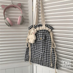 Plaid Drawstring Casual Adjustable Shopper Canvas Bag