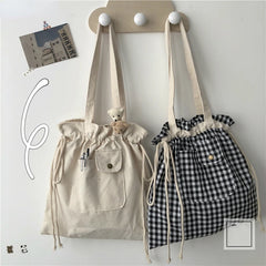 Plaid Drawstring Casual Adjustable Shopper Canvas Bag