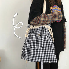 Plaid Drawstring Casual Adjustable Shopper Canvas Bag