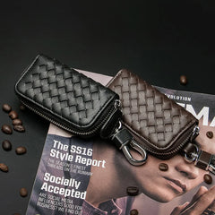 Woven Leather Car Key Wallet Key Organizer PU Waterproof Key Case