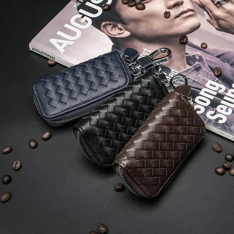 Woven Leather Car Key Wallet Key Organizer PU Waterproof Key Case