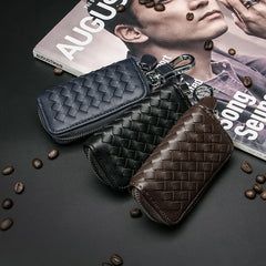 Woven Leather Car Key Wallet Key Organizer PU Waterproof Key Case