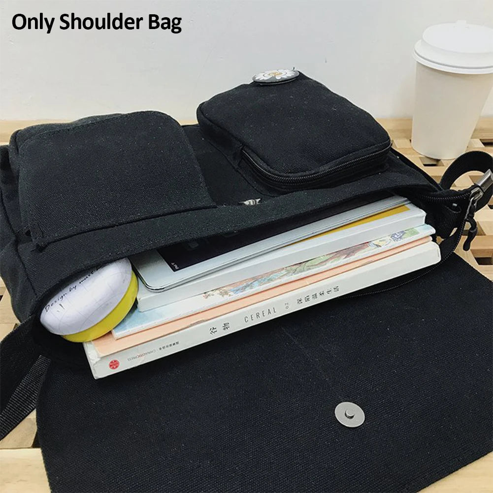 Canvas Shoulder Bag Boys Girls Large Capacity Solid Adjustable Strap