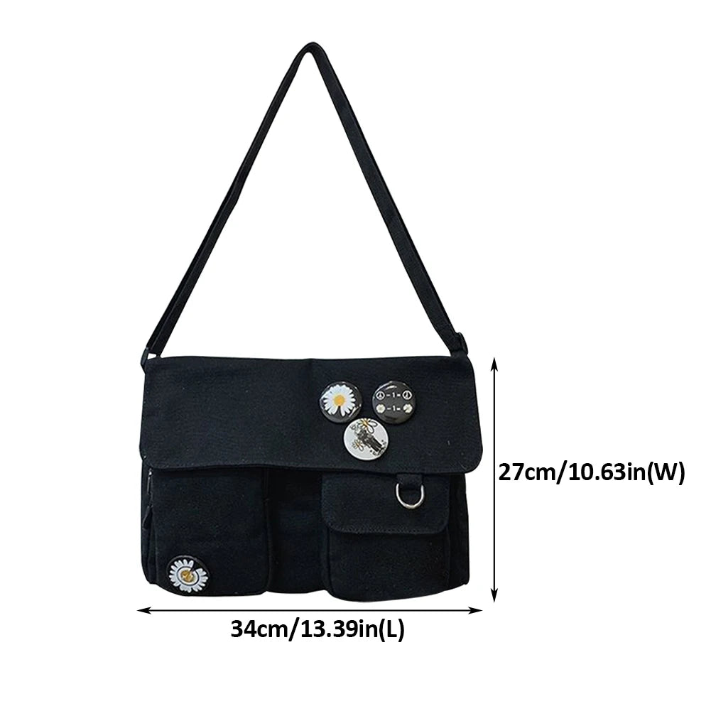 Canvas Shoulder Bag Boys Girls Large Capacity Solid Adjustable Strap