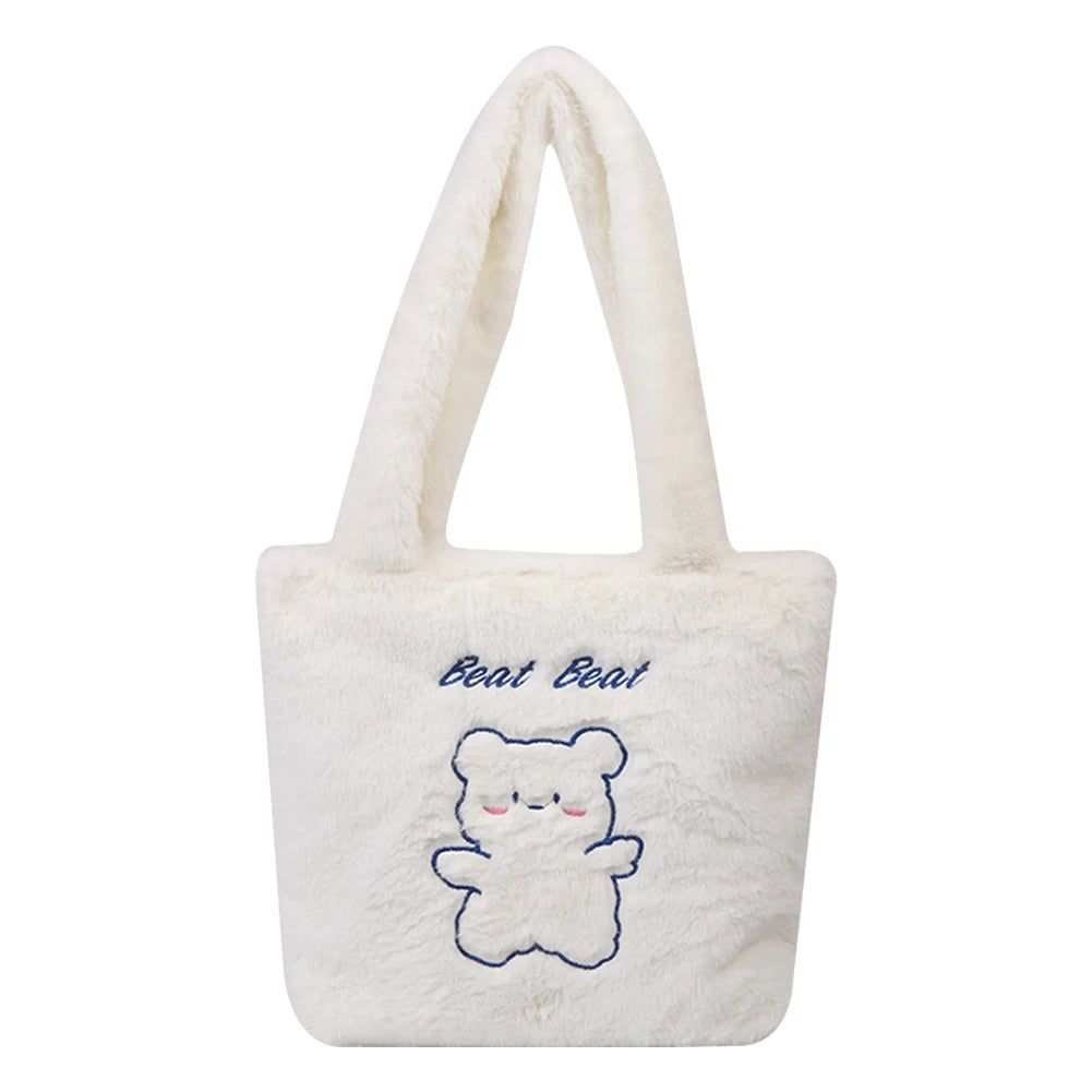 Little Bear Print Plush Shoulder Bag Women Autumn Winter Casual Large Capacity