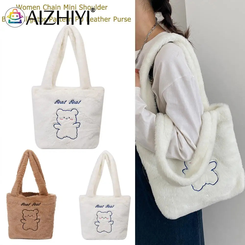 Little Bear Print Plush Shoulder Bag Women Autumn Winter Casual Large Capacity