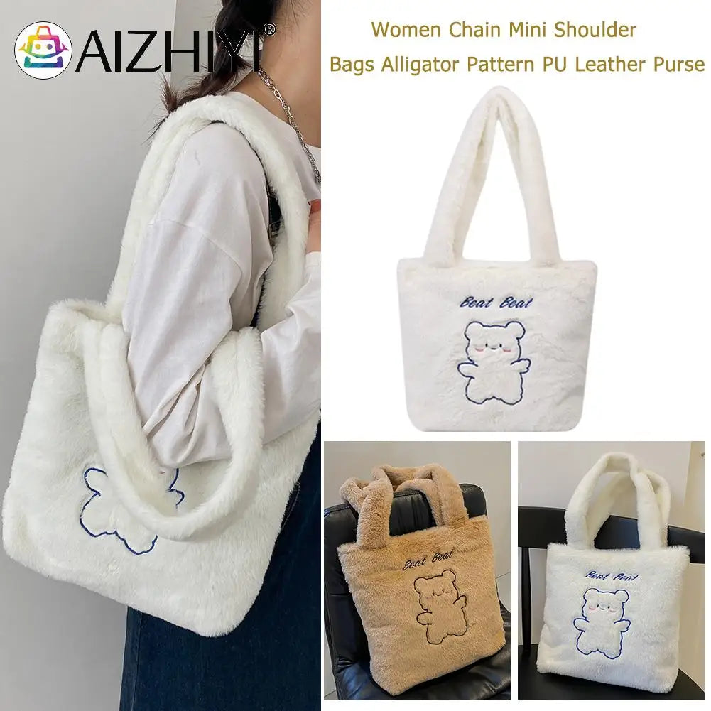 Little Bear Print Plush Shoulder Bag Women Autumn Winter Casual Large Capacity