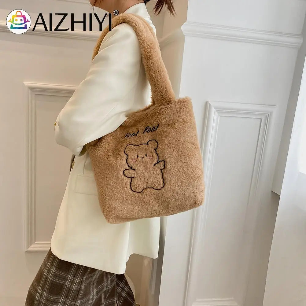 Little Bear Print Plush Shoulder Bag Women Autumn Winter Casual Large Capacity