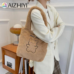 Little Bear Print Plush Shoulder Bag Women Autumn Winter Casual Large Capacity