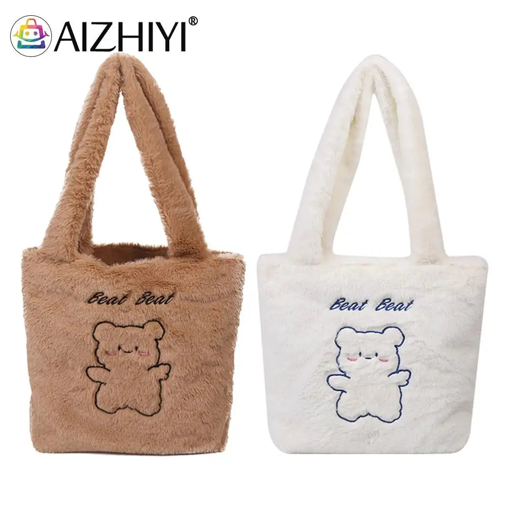 Little Bear Print Plush Shoulder Bag Women Autumn Winter Casual Large Capacity