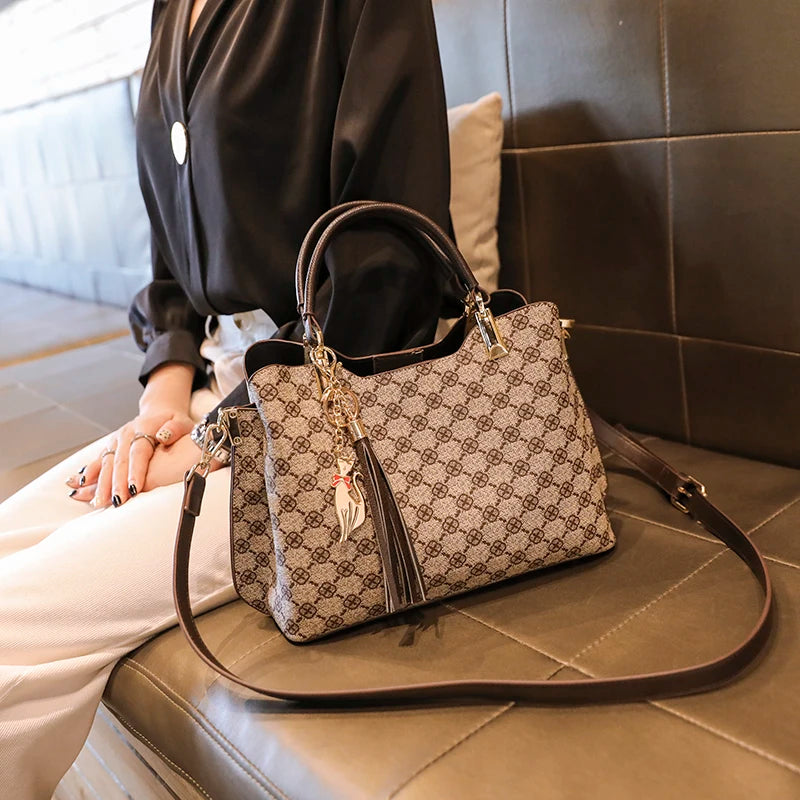 Vintage Leather Shoulder Bag Crossbody Plaid Ladies Shopper Handbag