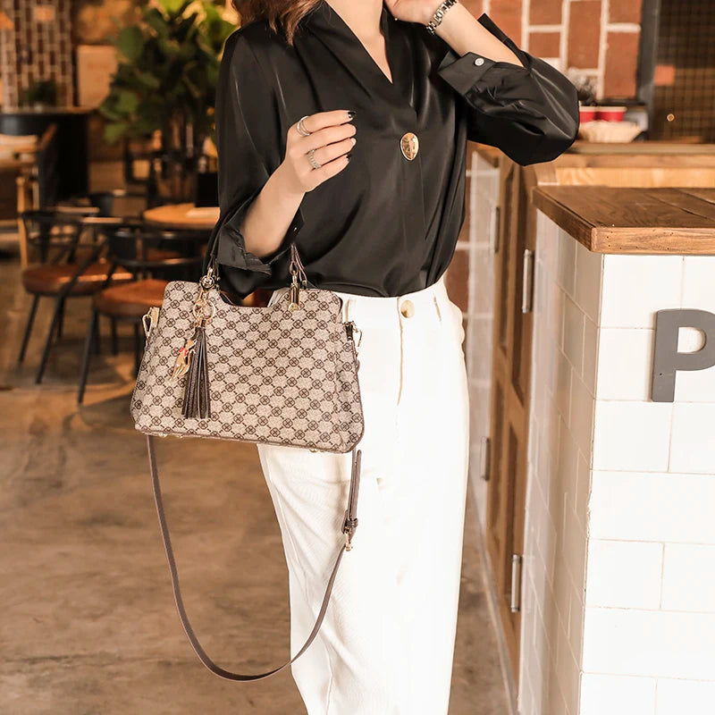Vintage Leather Shoulder Bag Crossbody Plaid Ladies Shopper Handbag