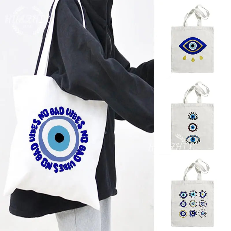 Canvas Evil Eye Shoulder Bag Tote Handbag Large Capacity Women Casual Shopping