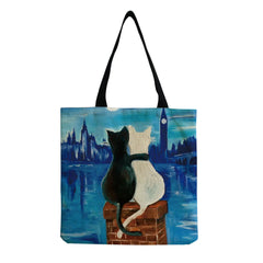 Foldable Cat Print Shoulder Bag Women Tote Shopper Cartoon High Capacity