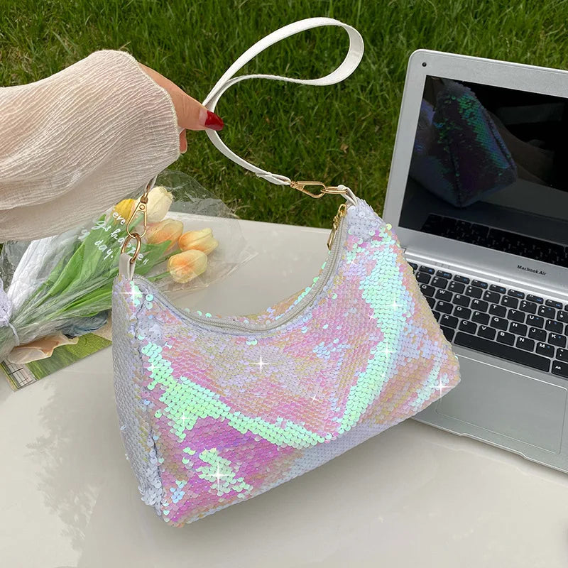 Sequined Shoulder Bag Women Baguette Bags Shining Glitter Party Handbag