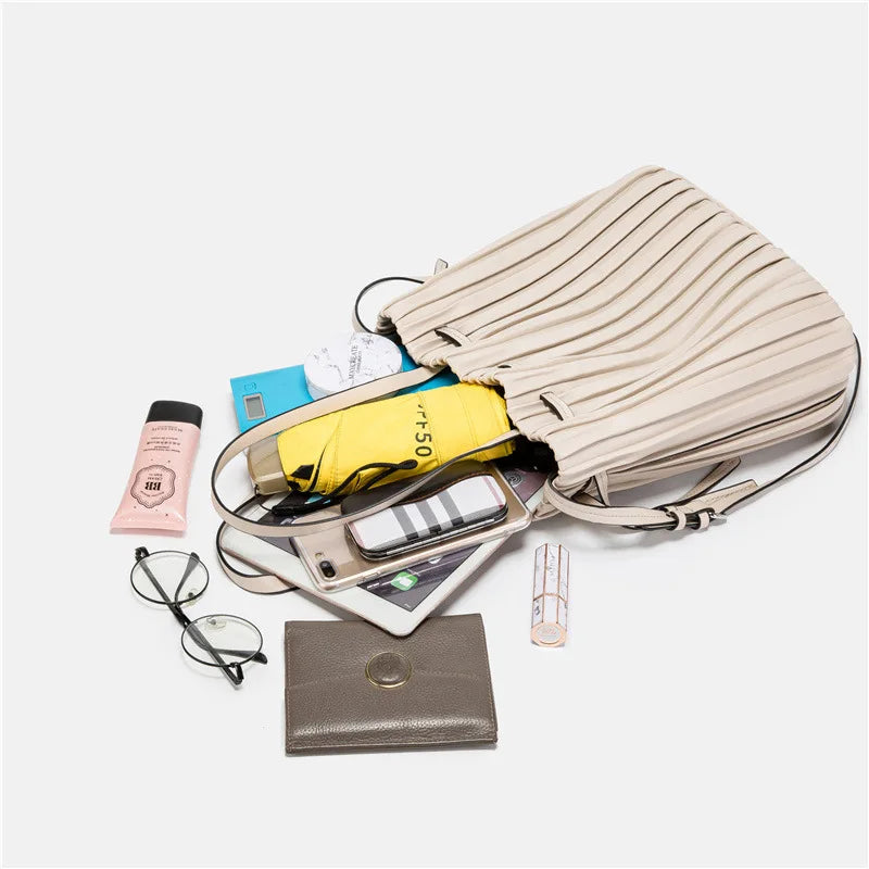 Pleated Stripe Bucket Bag Women Shoulder Bag