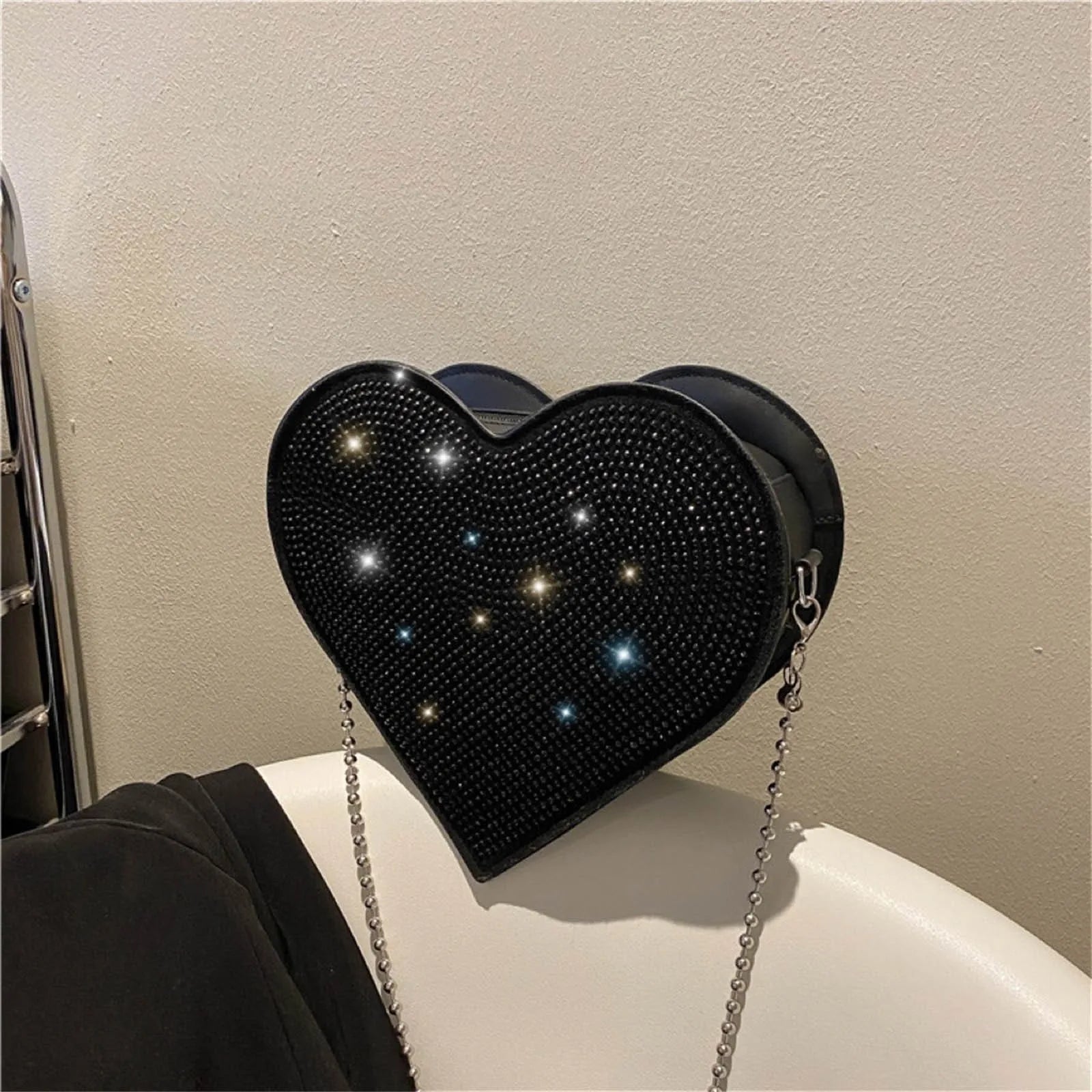 Medium Size Shoulder Bag Rhinestone Heart Handbag