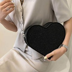 Medium Size Shoulder Bag Rhinestone Heart Handbag