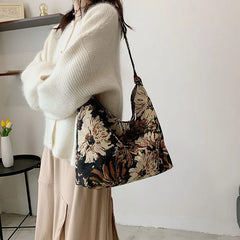 Oil Painting Flowers Print Canvas Shoulder Bag for Women