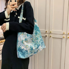 Oil Painting Flowers Print Canvas Shoulder Bag for Women